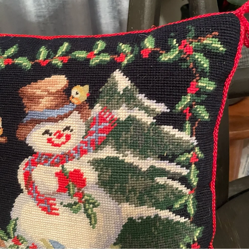 100% Wool Handmade Needle Point  snowman Pillow Christmas 13x13”